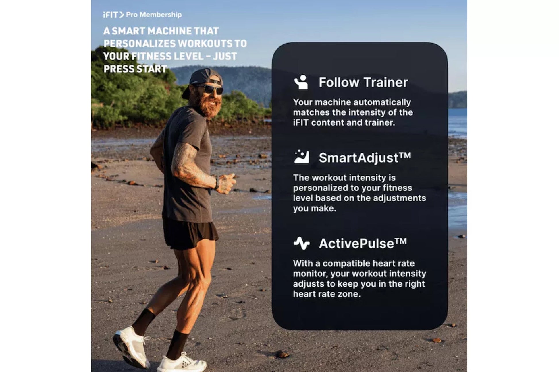 Man jogging on beach wearing sunglasses and dark athletic shirt, demonstrating iFIT Pro Membership features including Follow 
