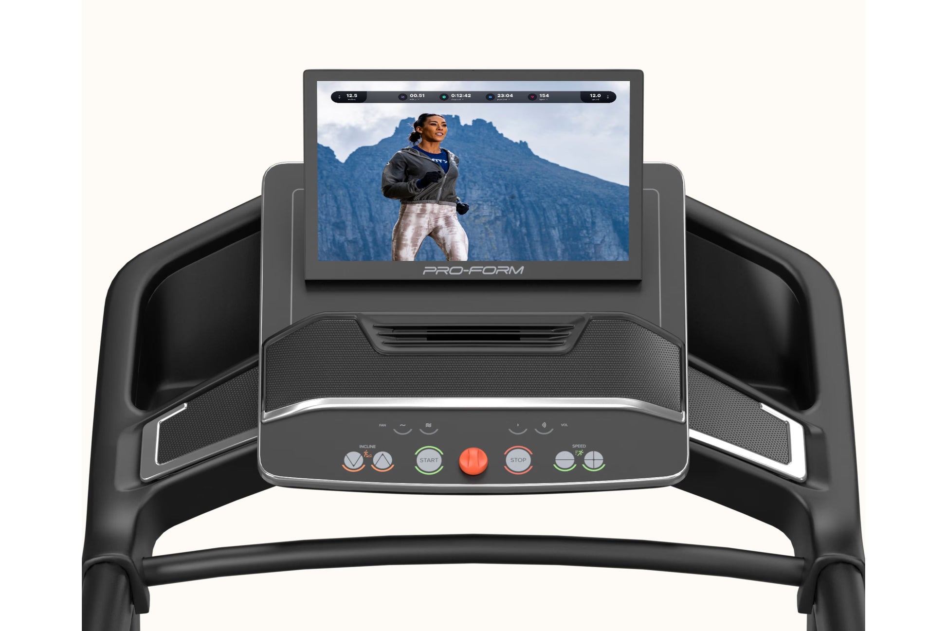 ProForm Carbon Pro 9000 treadmill with black frame, dual handrails, touchscreen display showing fitness video, and control co
