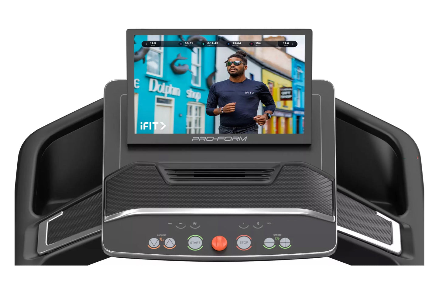 ProForm Carbon Pro 9000 treadmill with touchscreen display showing iFIT workout video, black frame with cushioned deck and co