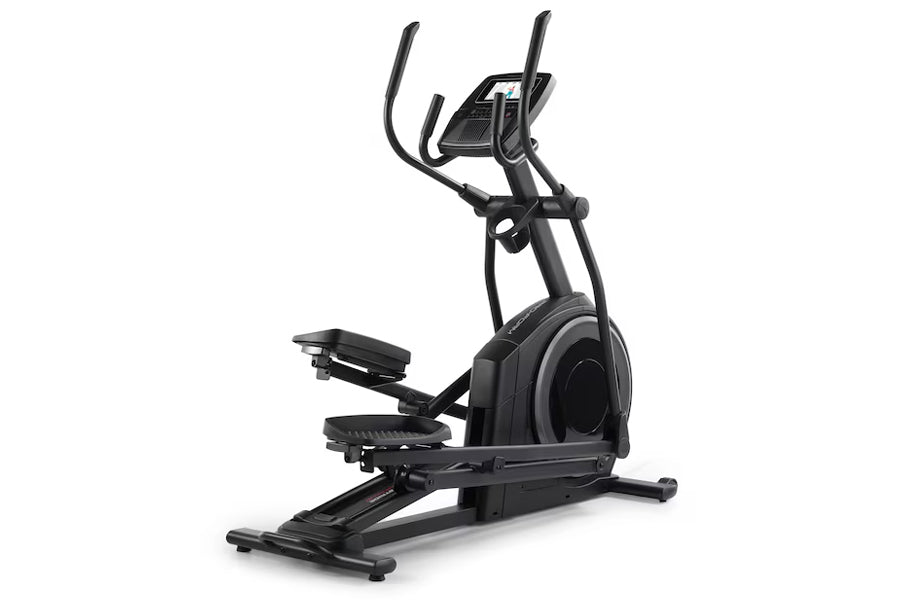 Black elliptical exercise machine with curved handles, digital display console, and foot pedals on white background