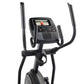 Proform Plus Carbon E7 elliptical machine with black frame, curved handles, and digital console displaying workout metrics on
