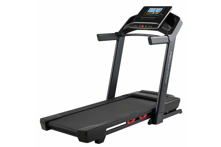 Black Proform Plus Trainer 1000 treadmill with digital display console, handrails, and black running deck on white background