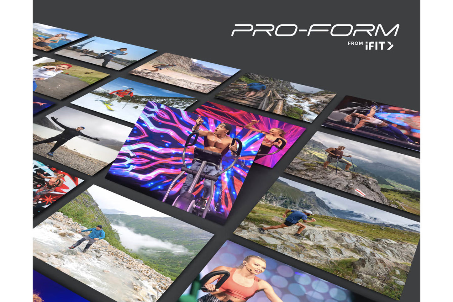 ProForm Pro HIIT H14 elliptical displayed with fitness and outdoor activity images on screen
