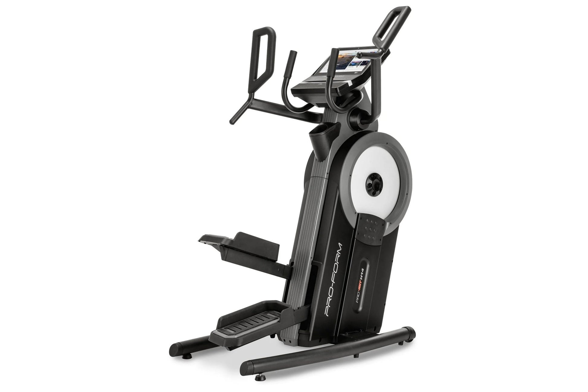 Black and white ProForm Pro HIIT H14 elliptical machine with digital display, ergonomic handles, and footrest on white backgr