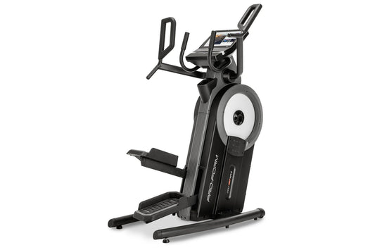 Black and white ProForm Pro HIIT H14 elliptical machine with digital display, ergonomic handles, and footrest on white backgr