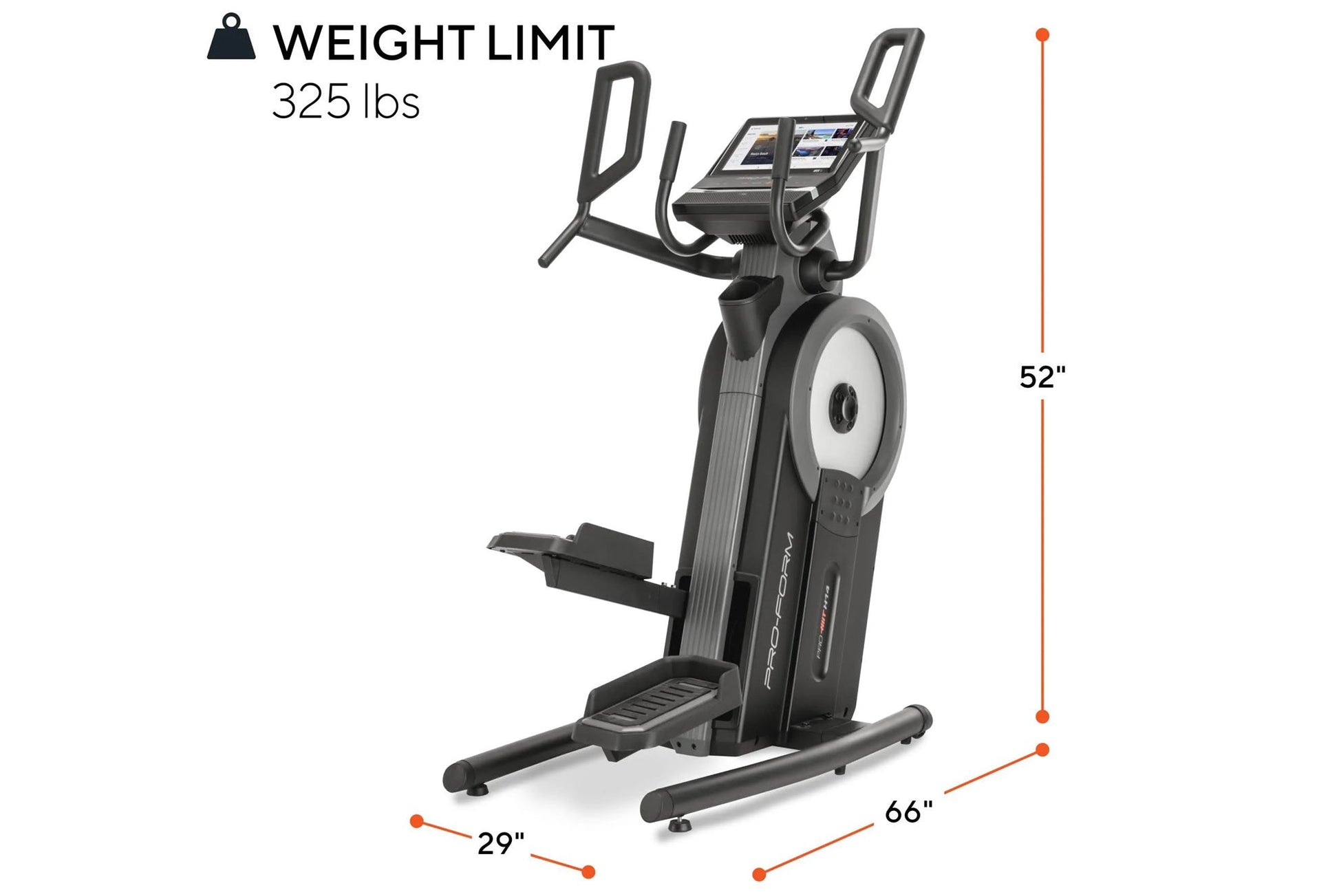 ProForm Pro HIIT H14 elliptical machine with black frame, white flywheel, dual handles, and digital console display on white 