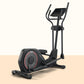 Black elliptical trainer with digital display console, dual handles, and red accent trim on wheel, shown on tan background