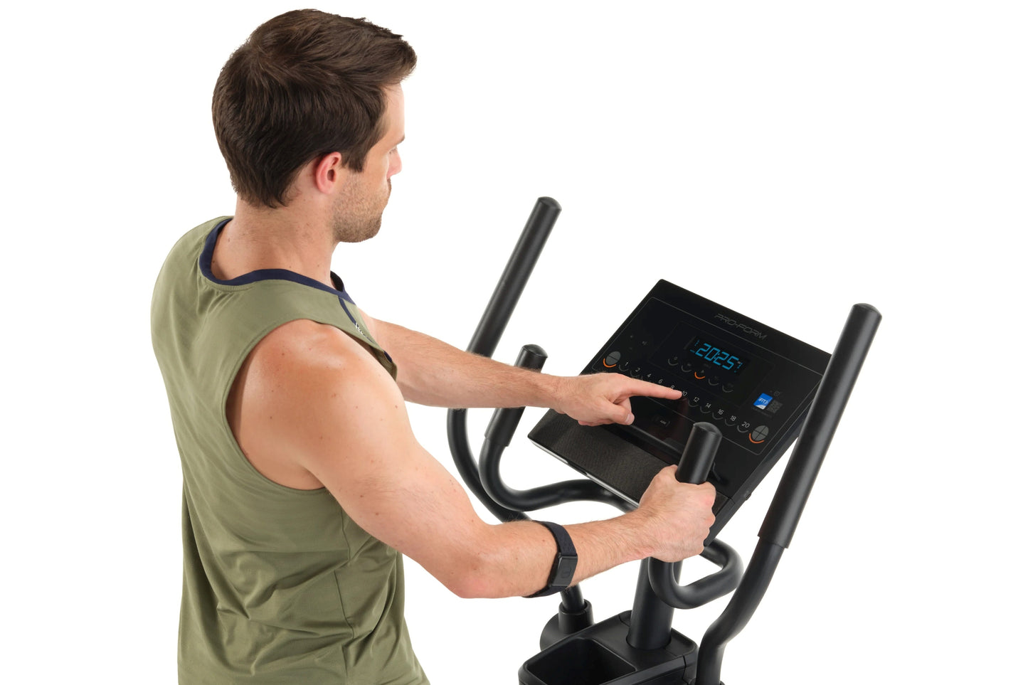 Man in olive tank top using black ProForm Sport Elliptical with digital console display, shown from side view
