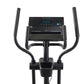 Black ProForm elliptical machine with curved handlebars, digital display showing time, and foot pedals on white background