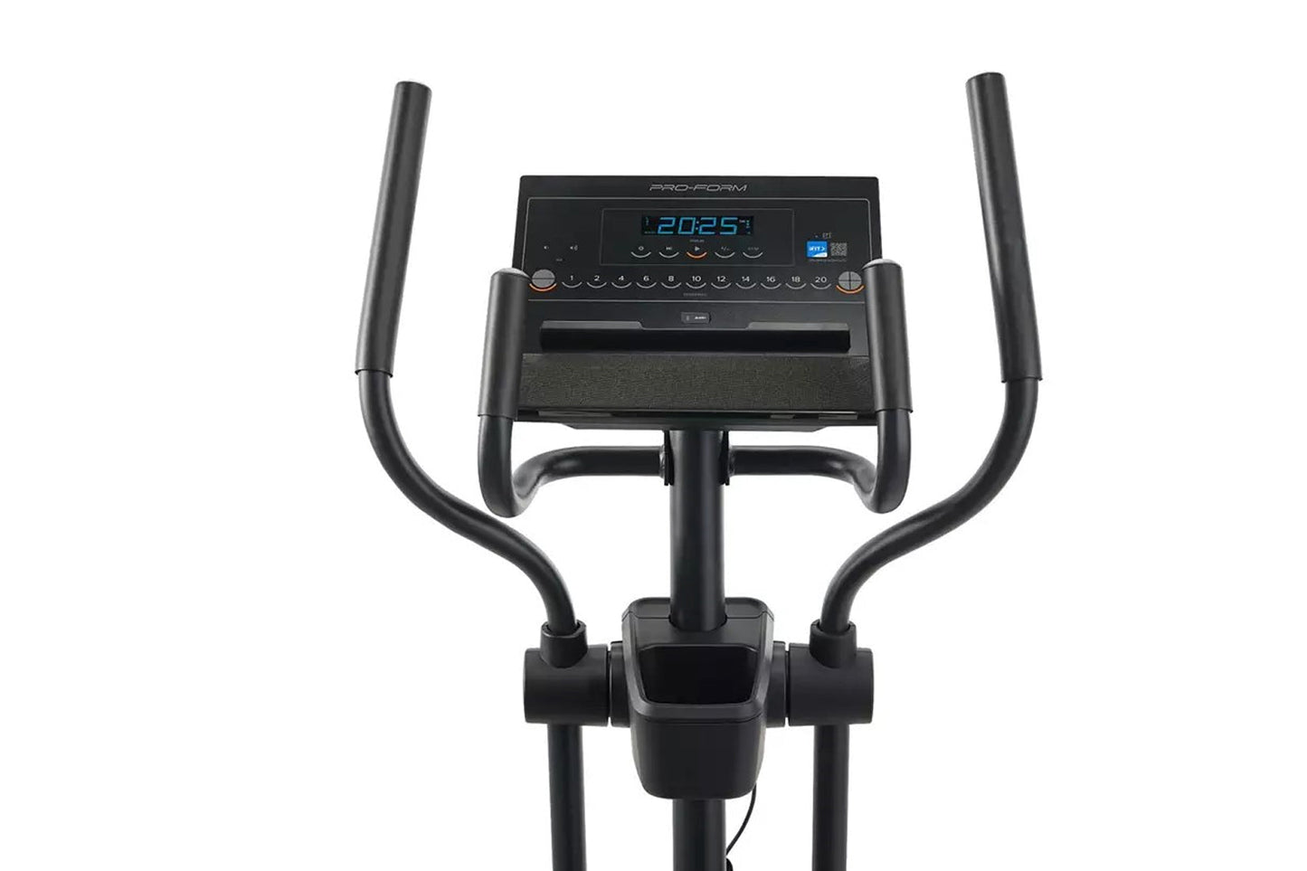Black ProForm elliptical machine with curved handlebars, digital display showing time, and foot pedals on white background