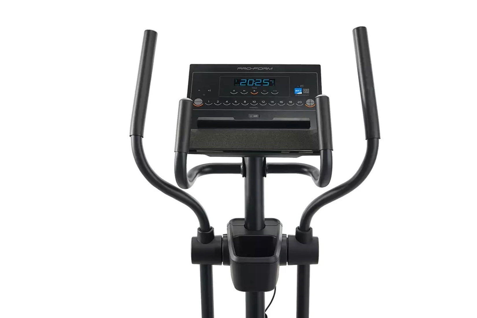 Black ProForm elliptical machine with curved handlebars, digital display showing time, and foot pedals on white background