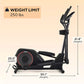 Black elliptical exercise machine with red accents, 250 lbs weight limit, 61.4" height, 59.1" length, 25.5" width on beige ba