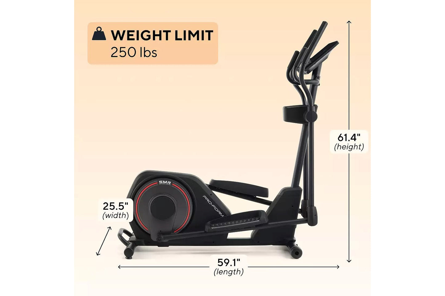 Black elliptical exercise machine with red accents, 250 lbs weight limit, 61.4" height, 59.1" length, 25.5" width on beige ba