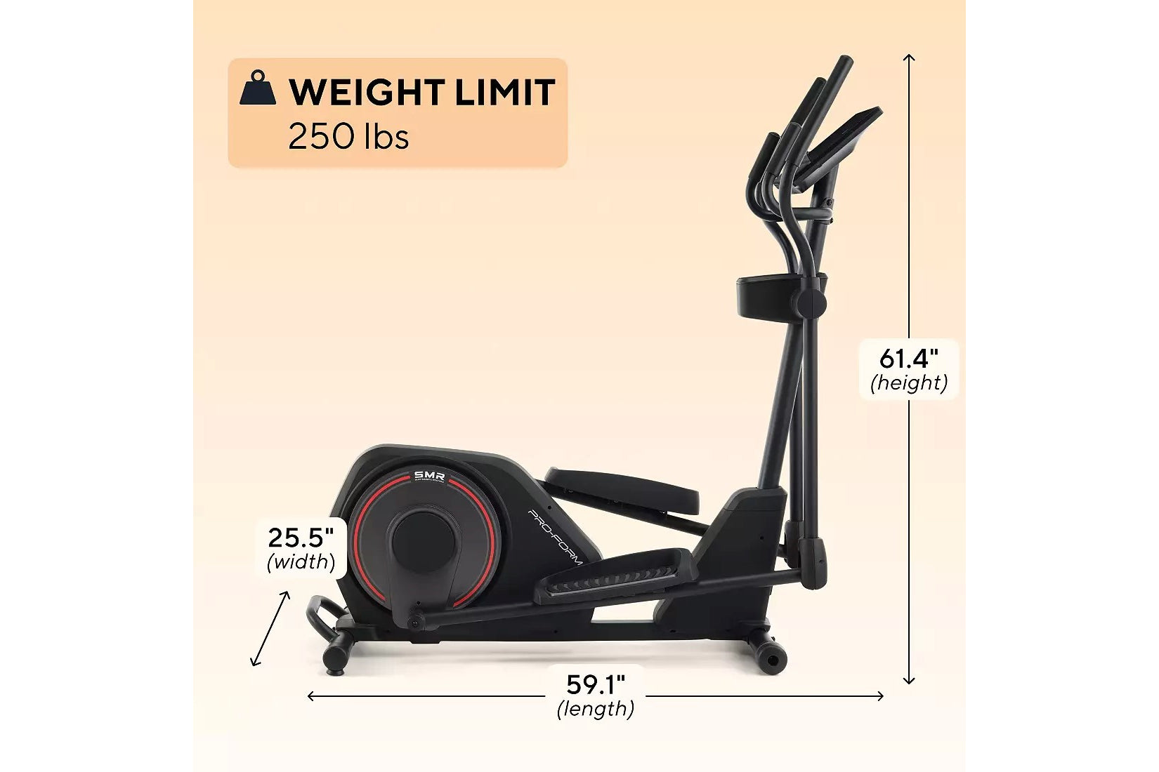 Black elliptical exercise machine with red accents, 250 lbs weight limit, 61.4" height, 59.1" length, 25.5" width on beige ba