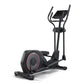 Black elliptical machine with red accent trim, digital display console, curved handles, and footplate on white background