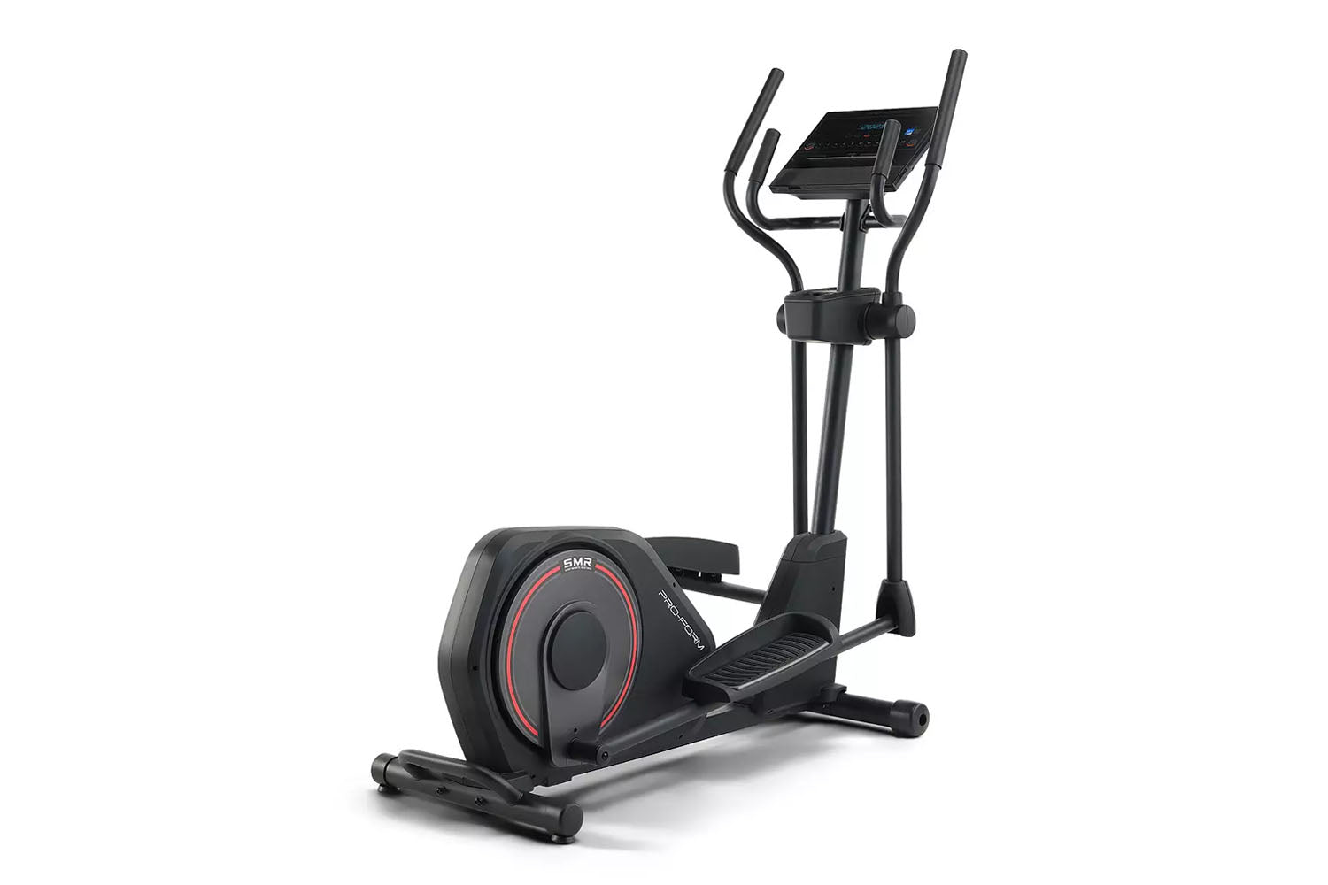 Black elliptical machine with red accent trim, digital display console, curved handles, and footplate on white background