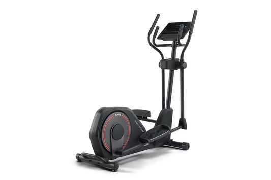 Black elliptical machine with red accent trim, digital display console, curved handles, and footplate on white background