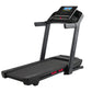 Black ProForm Trainer 1000 treadmill with digital display console, red accents, and cushioned running deck on white backgroun