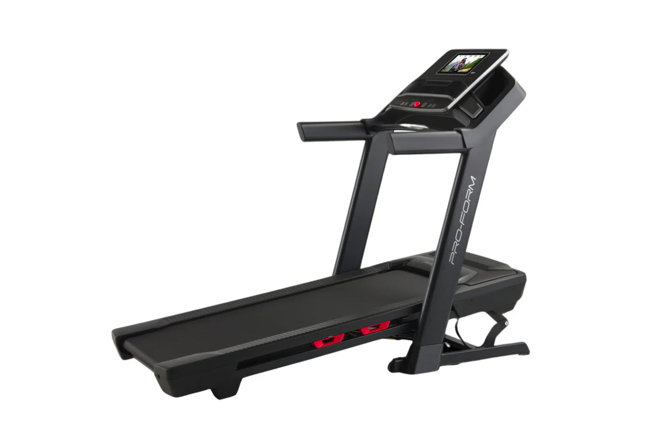 Black ProForm Trainer 1000 treadmill with digital touchscreen console, red accent details, and gray frame on white background