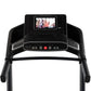 Black ProForm Trainer 1000 treadmill with digital display screen showing workout video, control panel with red start button, 