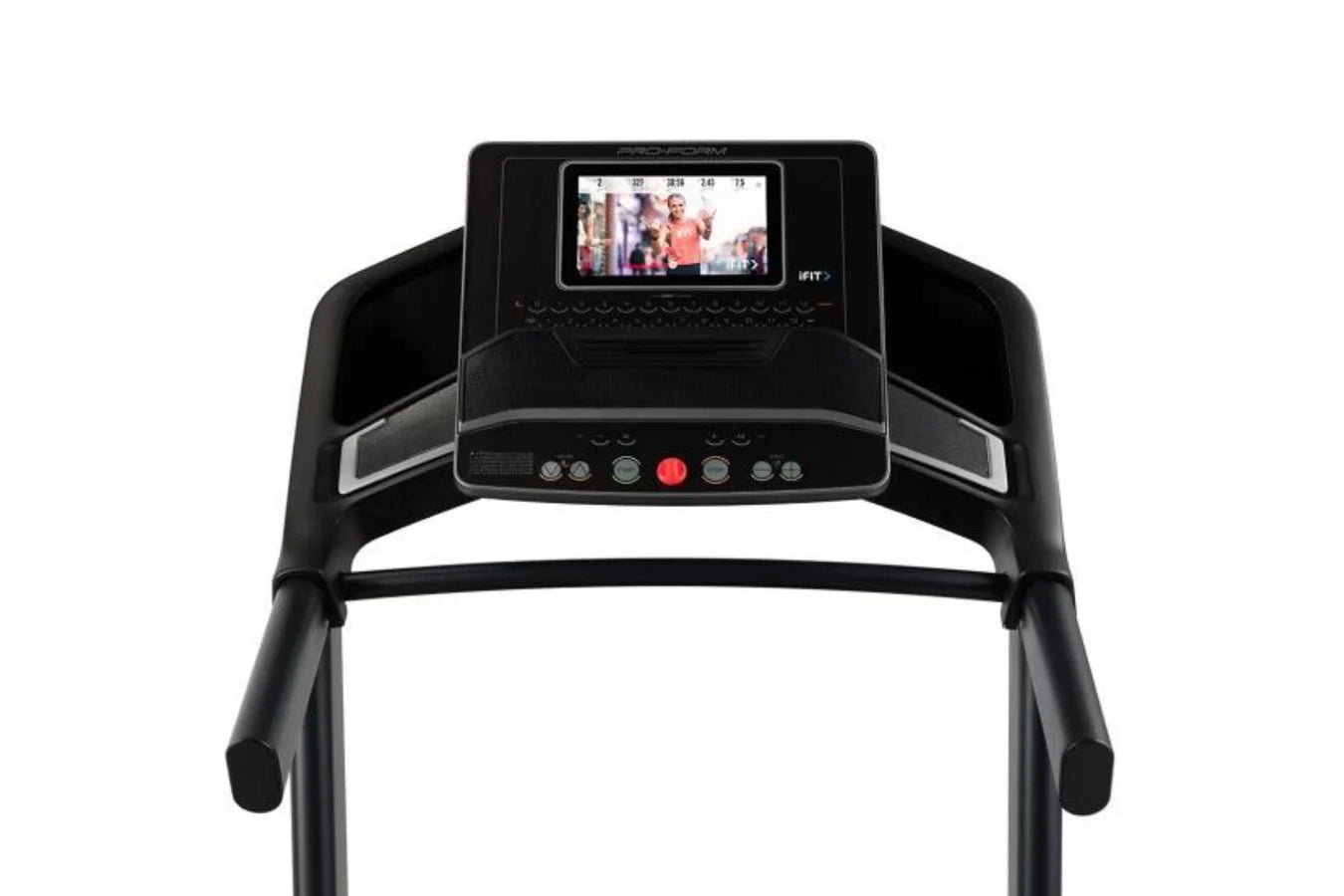 Black ProForm Trainer 1000 treadmill with digital display screen showing workout video, control panel with red start button, 
