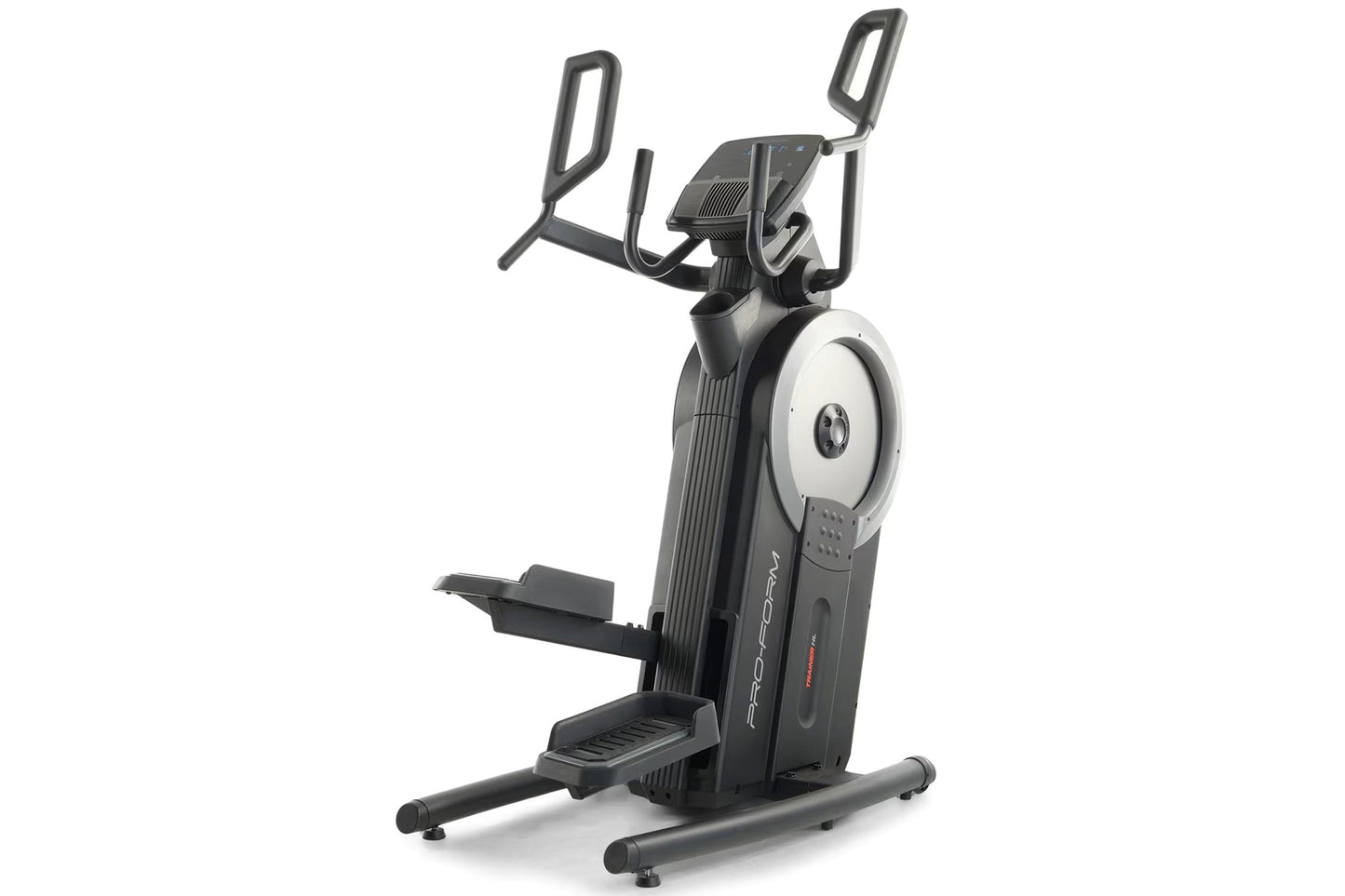 ProForm Trainer HL HIIT Elliptical with black frame, white flywheel, dual handles, and foot pedals on white background