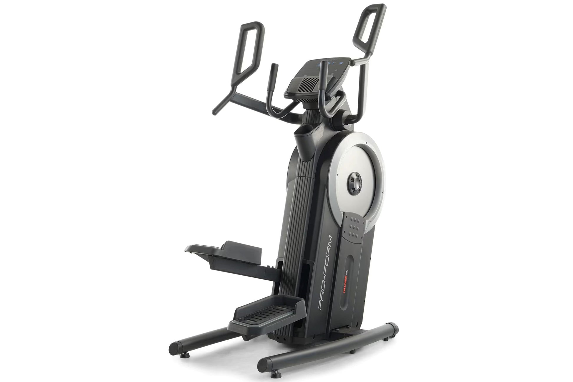 ProForm Trainer HL HIIT Elliptical with black frame, white flywheel, dual handles, and foot pedals on white background