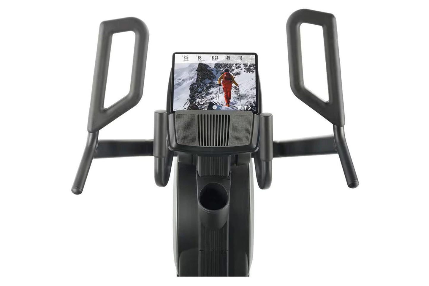 Black ProForm Trainer HL HIIT elliptical with curved handles, digital console displaying mountain hiking video, on white back