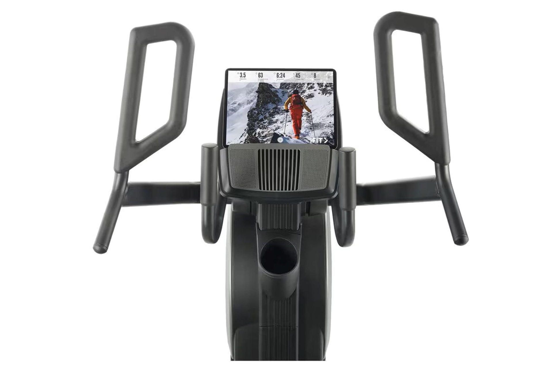 Black ProForm Trainer HL HIIT elliptical with curved handles, digital console displaying mountain hiking video, on white back
