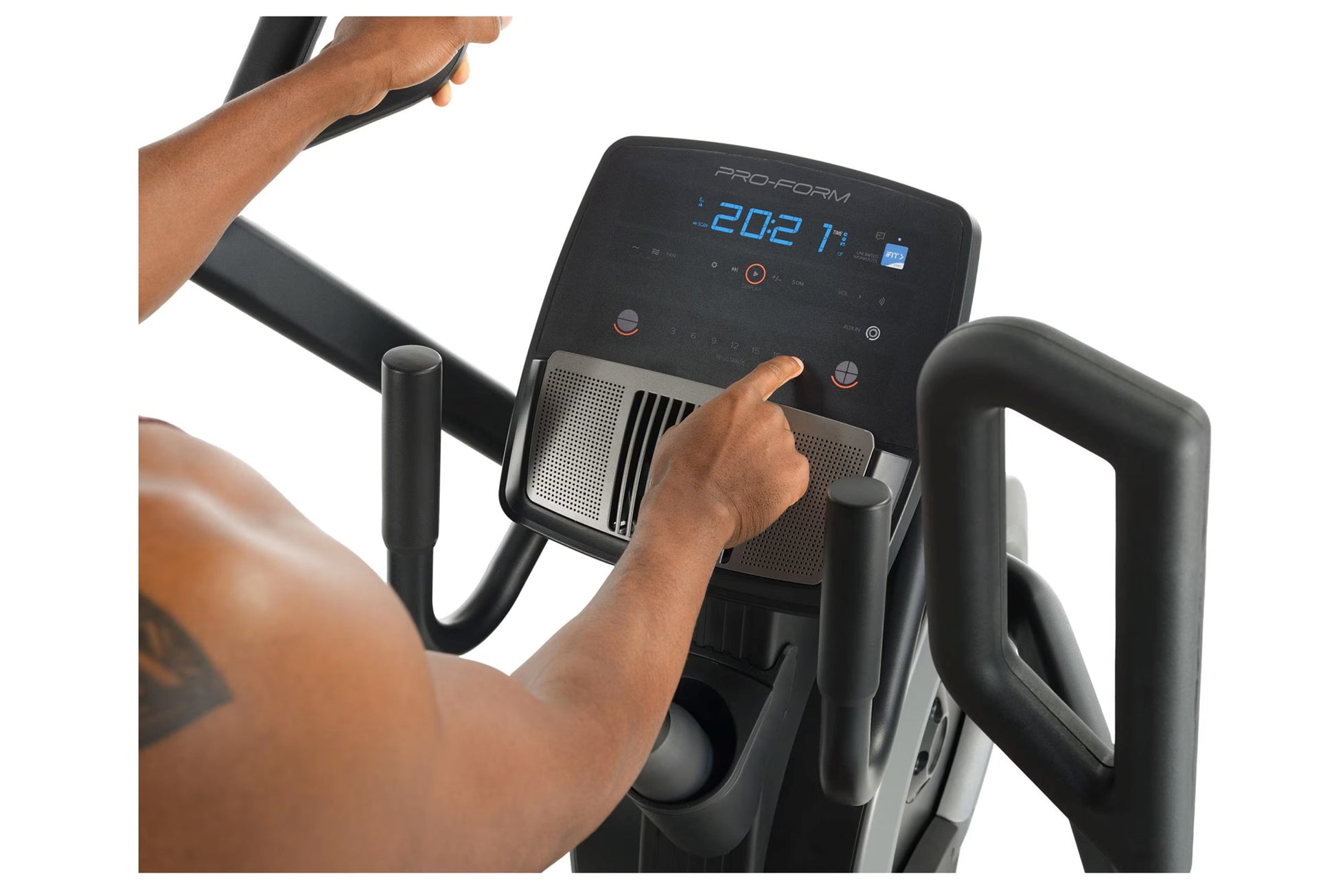 Person using black ProForm Trainer HL elliptical with digital display showing 202 time readout, worn by model on white backgr
