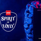 Harvia Spirit of Löyly logo with red and white branding on dark blue background next to neon-lit sauna stones in blue and pin