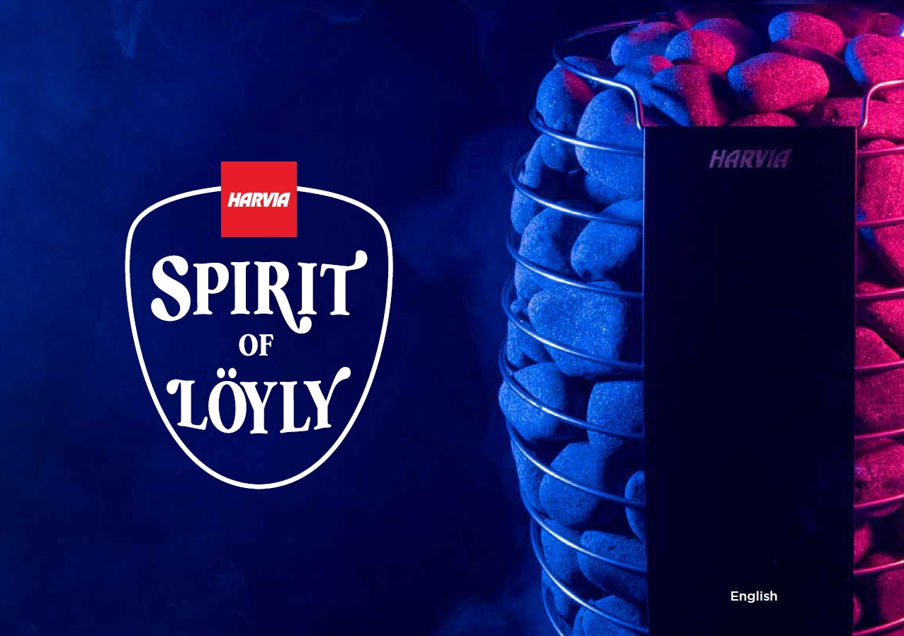 Harvia Spirit of Löyly logo with red and white branding on dark blue background next to neon-lit sauna stones in blue and pin