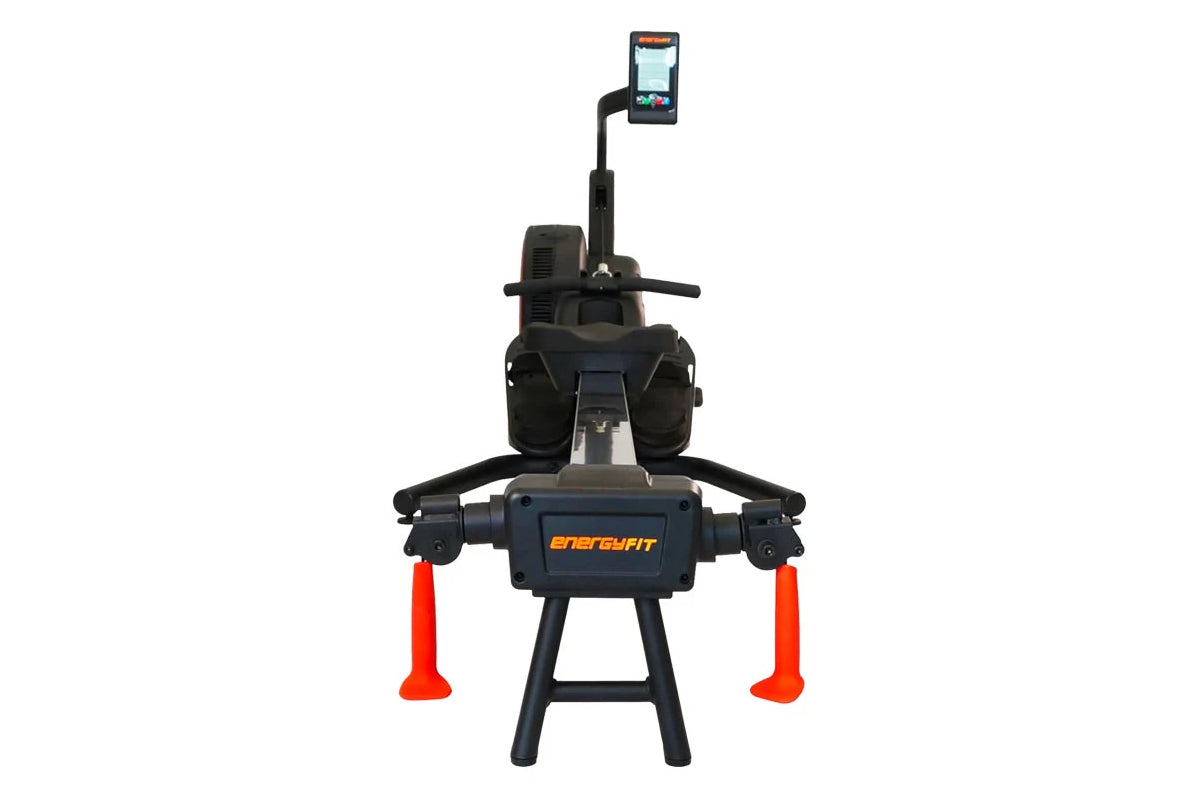 SKI-ROW AIR+PWR black and red rowing machine with digital monitor display and adjustable foot pedals on white background