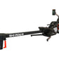 SHI-ROW black rowing machine with red accents, digital monitor on adjustable arm, and orange foot stabilizers on white backgr
