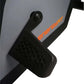 Gray and black SKI-ROW AIR rowing machine with orange logo text, showing footrest detail and handle mechanism on white backgr