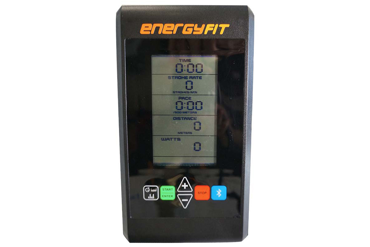 EnergyFit black digital monitor displaying time, stroke rate, pace, distance, and watts with control buttons on white backgro