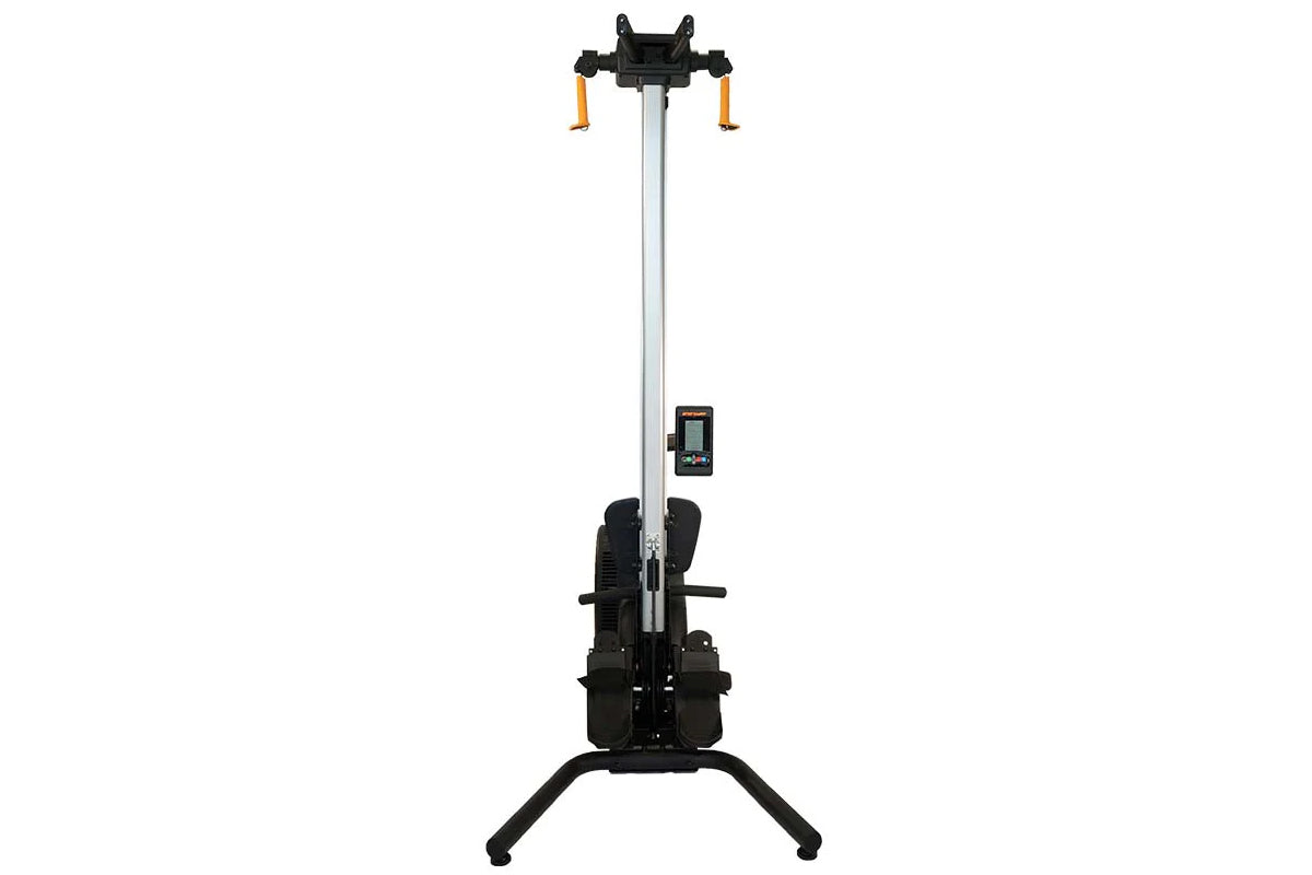 Ski-Row Air rowing machine with black frame, silver vertical post, orange handlebar grips, digital display console, and wide 
