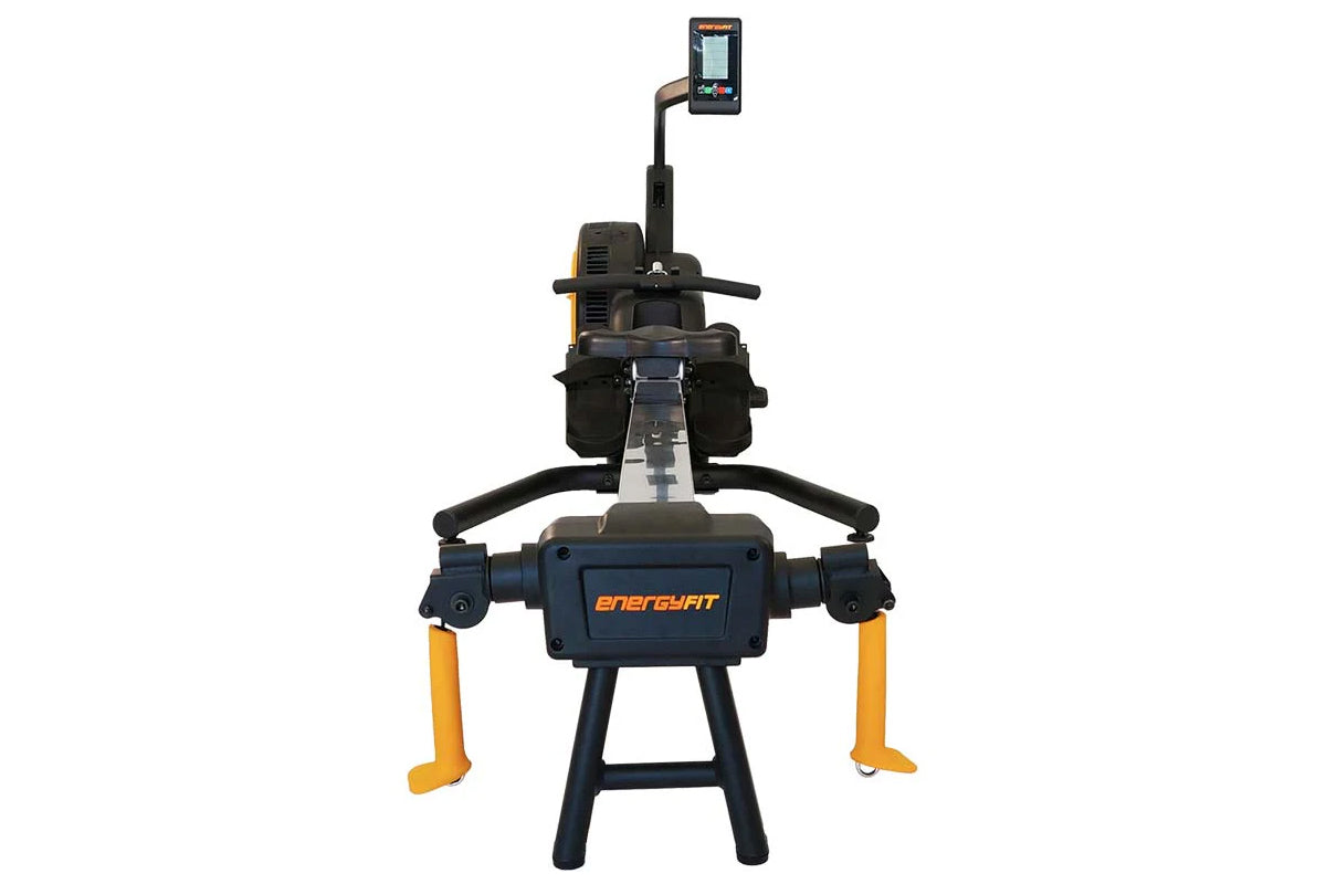 EnergyFit SKI-ROW AIR rowing machine with digital display monitor, black frame, yellow stabilizer legs, and connected tablet 