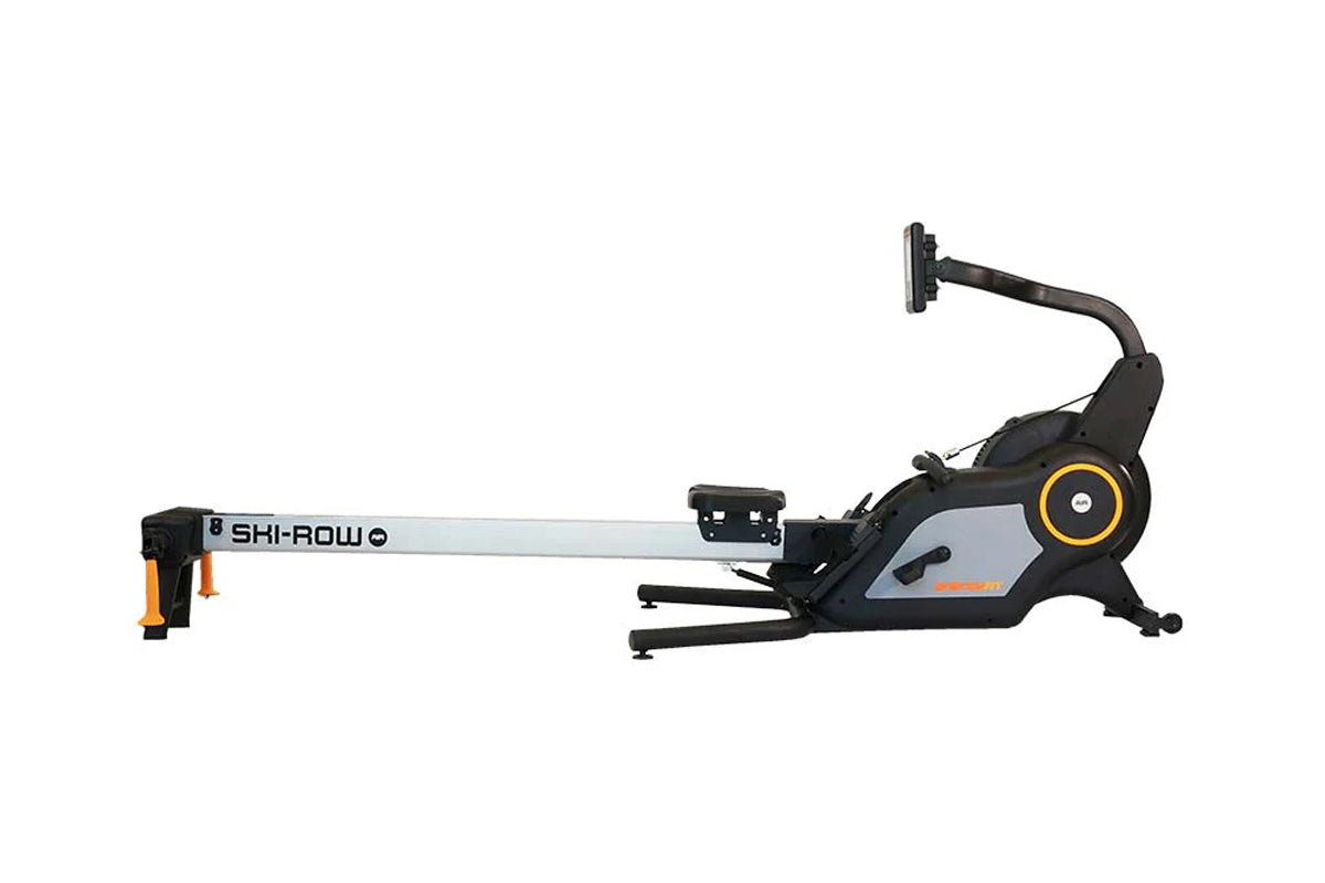 Shi-Row Air rowing machine with gray beam, black and gray frame, orange accents, and digital display on white background
