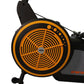Black and orange AIR rowing machine with circular fan wheel design, displayed against white background