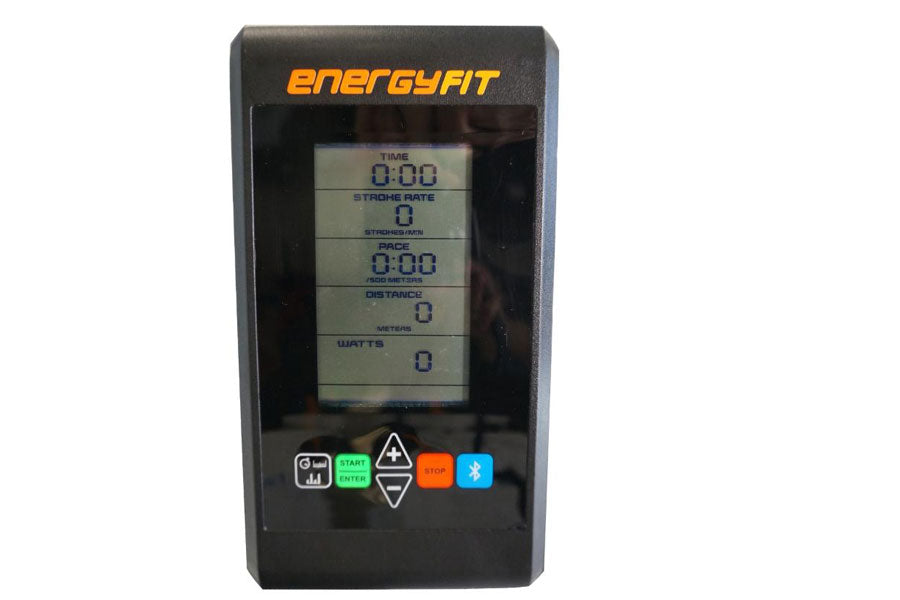 Energyfit rowing machine console displaying time, stroke rate, pace, distance, and watts with control buttons below screen