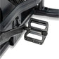 Black metal pedals with textured grip surface attached to exercise bike frame on white background