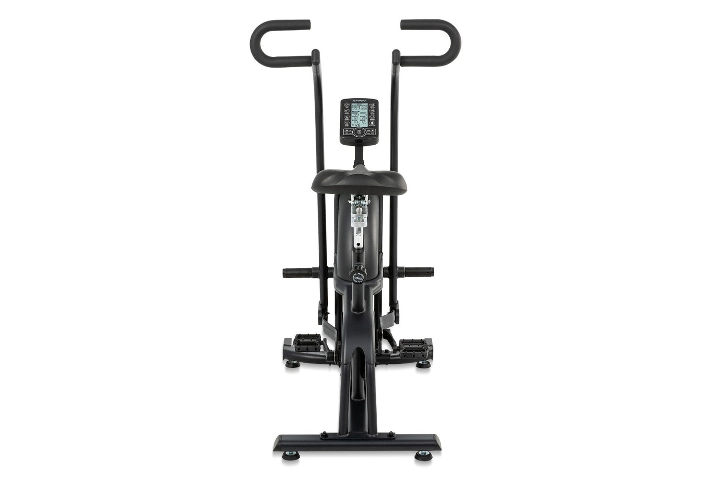 Black stationary airbike with dual handles, digital console, and pedals on white background, front view