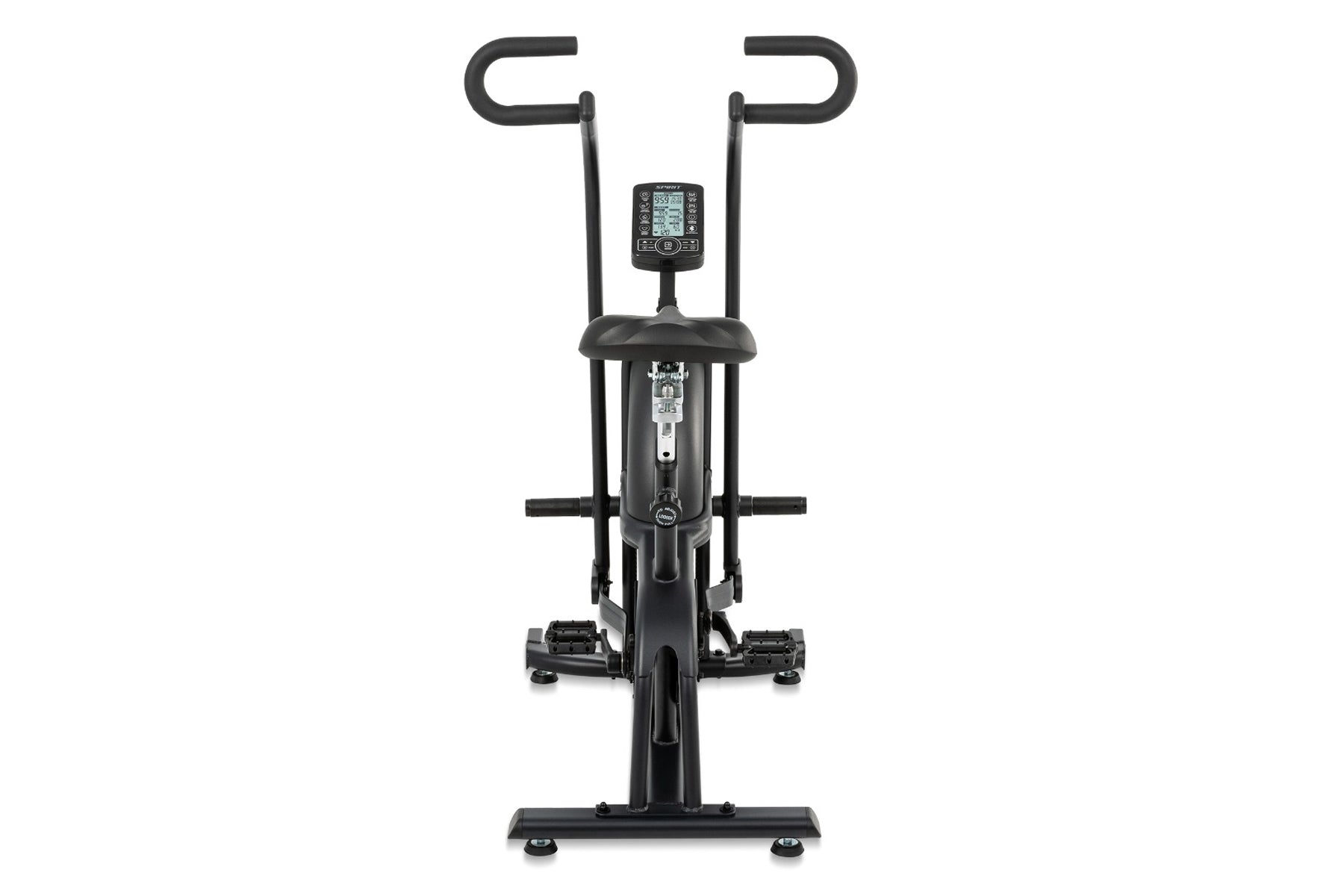 Black stationary airbike with dual handles, digital console, and pedals on white background, front view