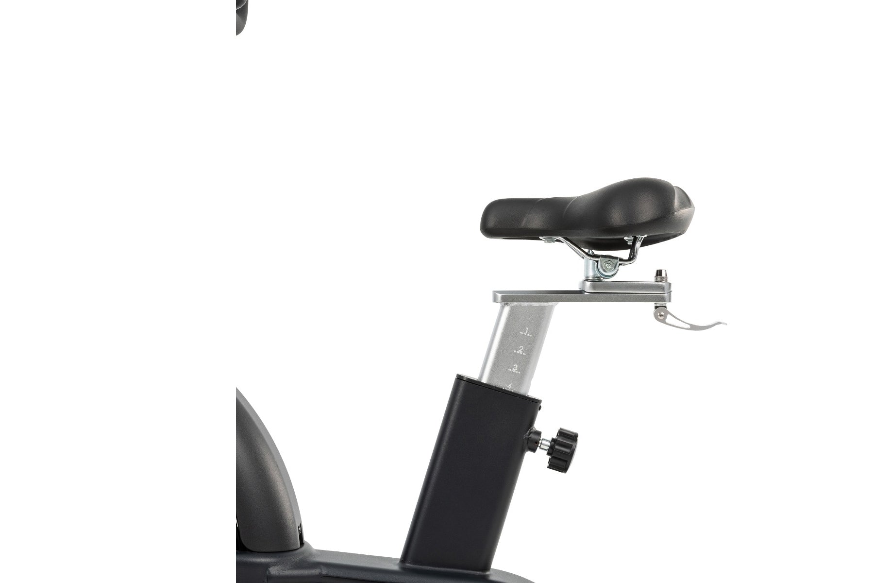 Exercise bike seat and upright post with adjustable height markings, silver and black finish on white background