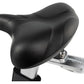Black padded exercise bike seat with metal mounting bracket on white background