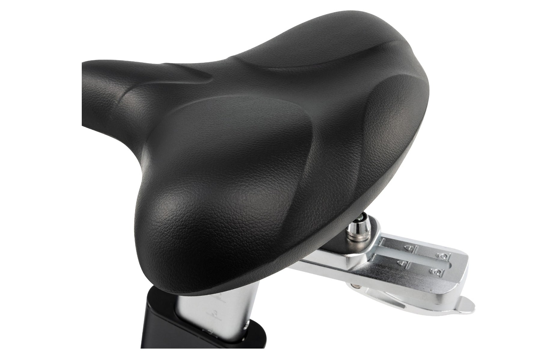 Black padded exercise bike seat with metal mounting bracket on white background