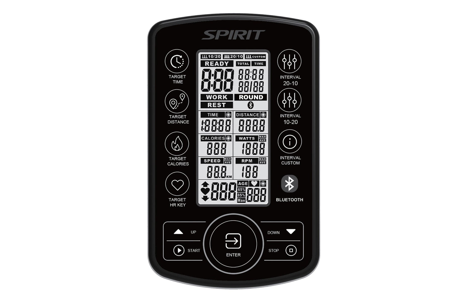 Spirit AB950 Airbike console with black and white digital display showing workout metrics, control buttons, and Bluetooth con