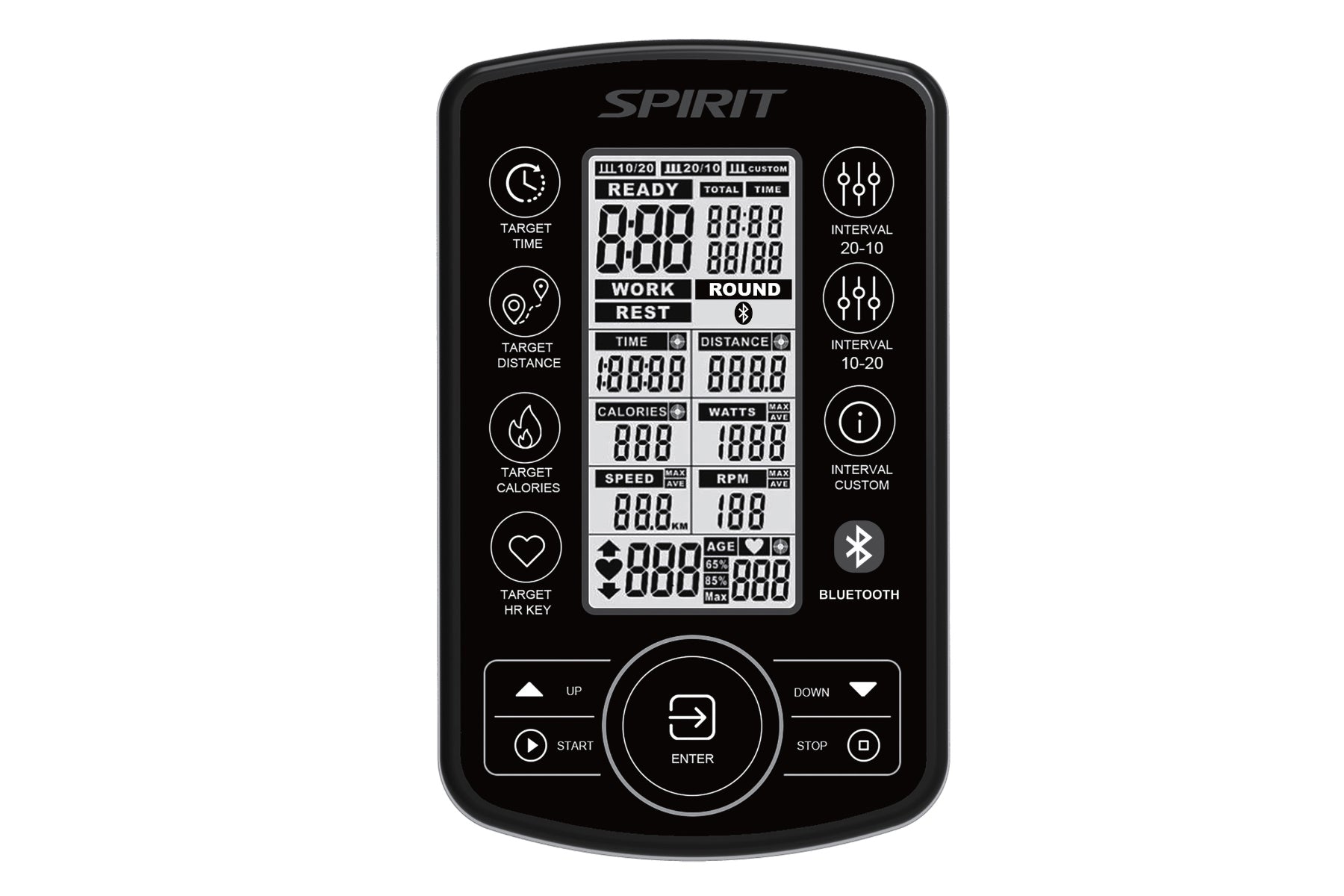 Spirit AB950 Airbike console with black and white digital display showing workout metrics, control buttons, and Bluetooth con