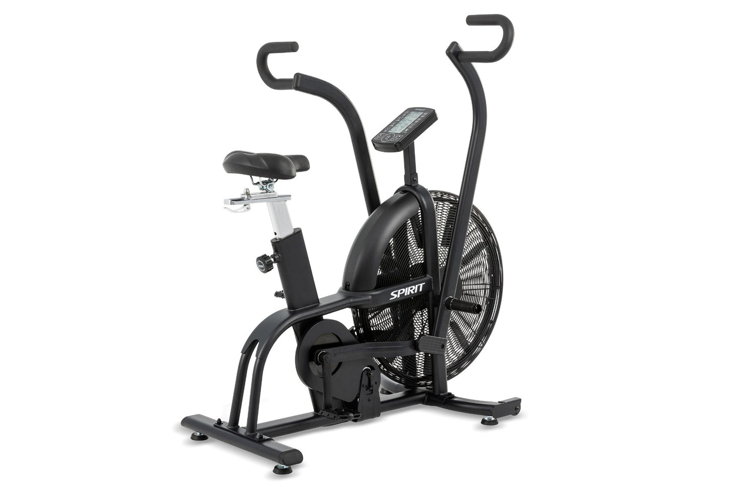 Black Spirit AB950 Airbike with dual handles, digital display, black mesh fan wheel, and padded seat on white background